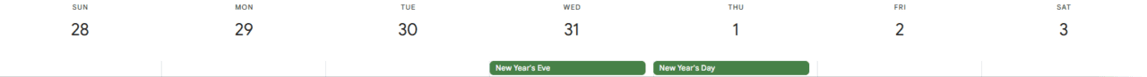 Calendar 28th Dec - 3rd Jan 2026